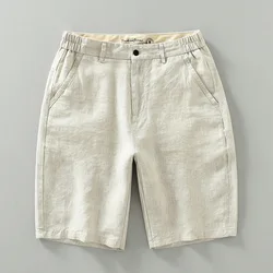 1339 100% Linen Yarn Dye Premium Shorts Men Summer Fashion Solid Color Simple Casual Basic Thin Holiday Beach Half Length Pants