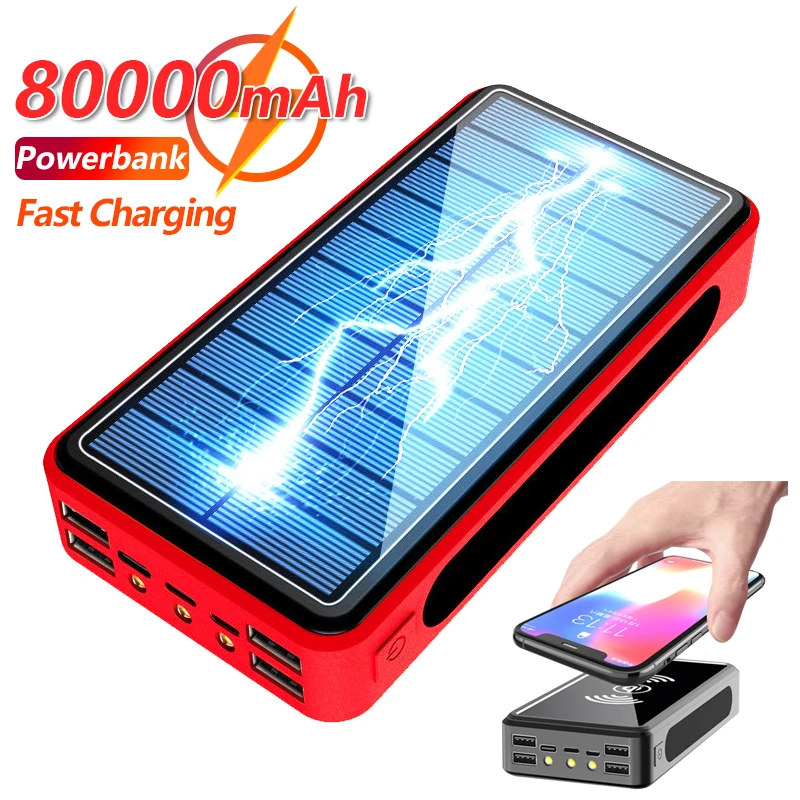 

80000mAh Qi Solar Mobile Power Wireless Fast Charger with LED Light 4USB Outdoor Mobile Phone External Battery for IPhone Xiaomi