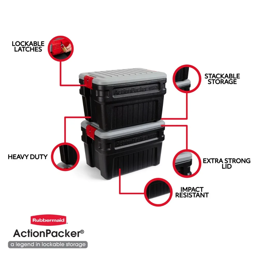Rubbermaid 24 Gallon ActionPacker Storage Bin, Heavy Duty, Lockable, Black,  Included Lid - AliExpress