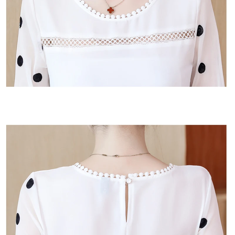 Women's Long Sleeve Chiffon Blouse Hollow Out Tops O-Neck Black Dot White Sweet Clothing Fashion 2025 New D383