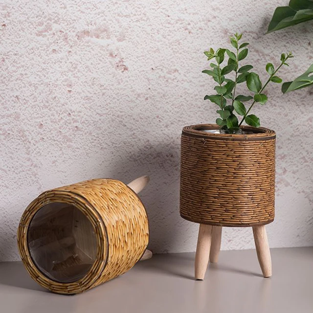 Dark Browm Cylindrical Rattan Plant Pot