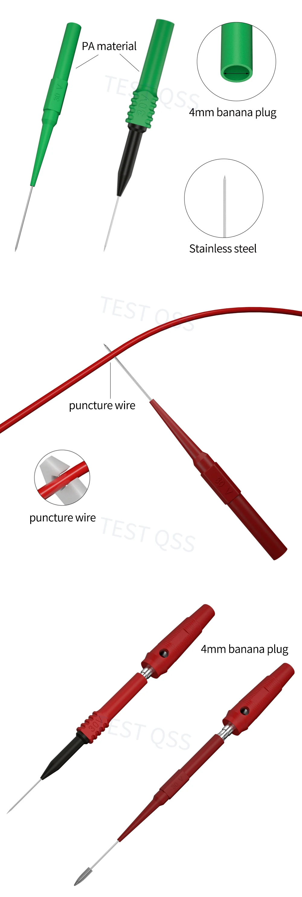 QSS 20PCS Multimeter Test Sonde Nadel Edelstahl Punktion Zurück Sonde Pin 4mm 5 farbe für Automobil Reparatur QT0048 – Detail 2