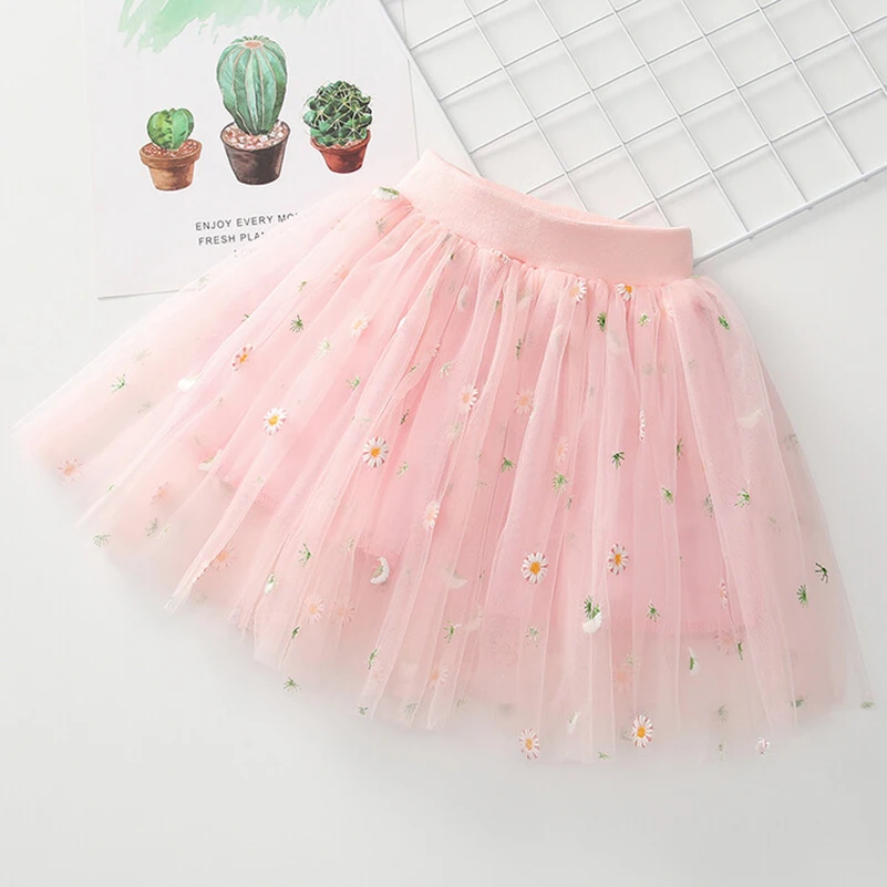 Girls Summer New Fashion Print Solid Color Chrysanthemum Embroidered Princess Half skirt