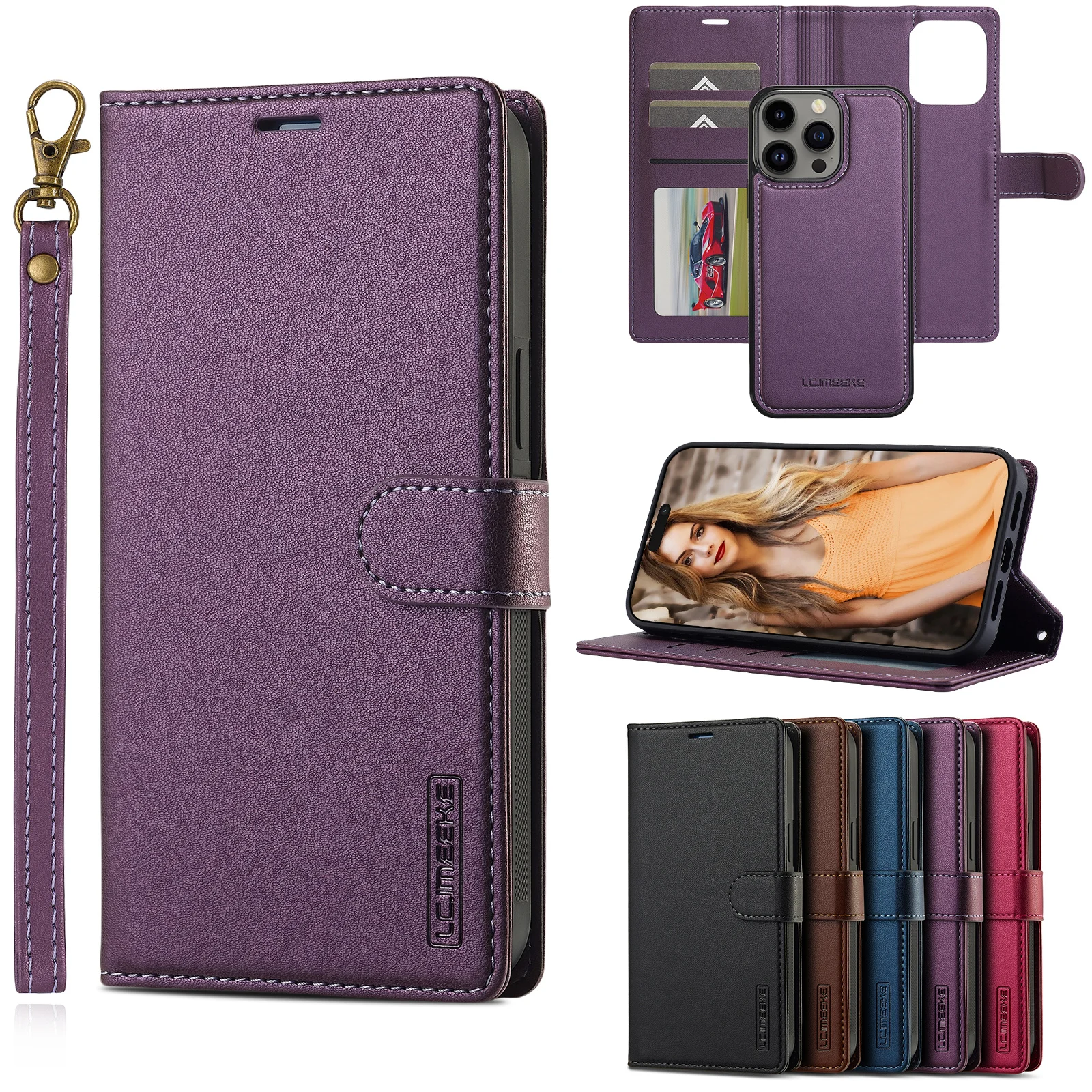 2 in 1 Removable Cards Solt Flip Leather Wallet Case For iPhone 15 Pro Max 14 Plus 16 13 12 11 SE 2022 XR XS Magnetic Bag Cover_voghion.com