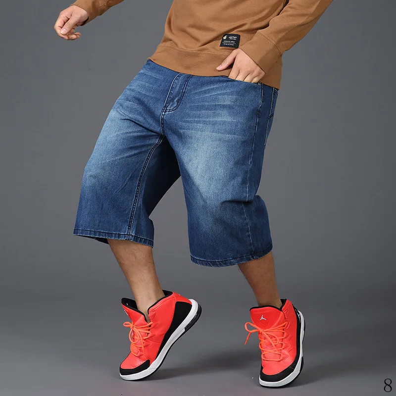Plus Size Men's Hip-Hop Wide-Leg Jeans Summer Loose Denim Shorts Multi-pocket Baggy Denim Cropped Pants Men