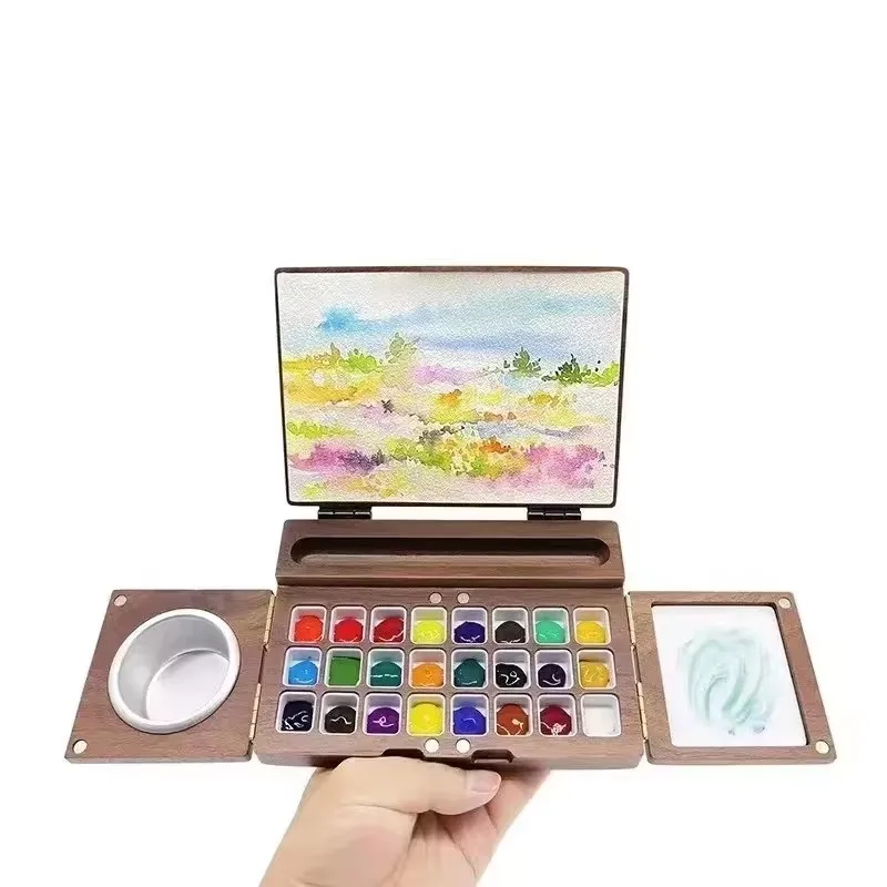 나무 수채화 상자 휴대용 접이식 수채화 팔레트 케이스 오일 페인트 상자 초보자 야외 스케치 그림 미술 도구