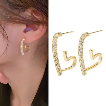925 Silver Needle Korean Fashion Crystal Heart Earrings For Women Jewelry 2025 Trending New Luxury Women's Gold Color Earrings