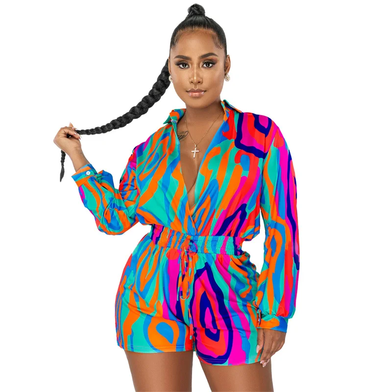 Znaiml Sexy Tie Dye Print Long Sleeve Shirt Romper Playsuit for Women y2k Jumpsuit One Pieces Shorts Party Night Club Outfits