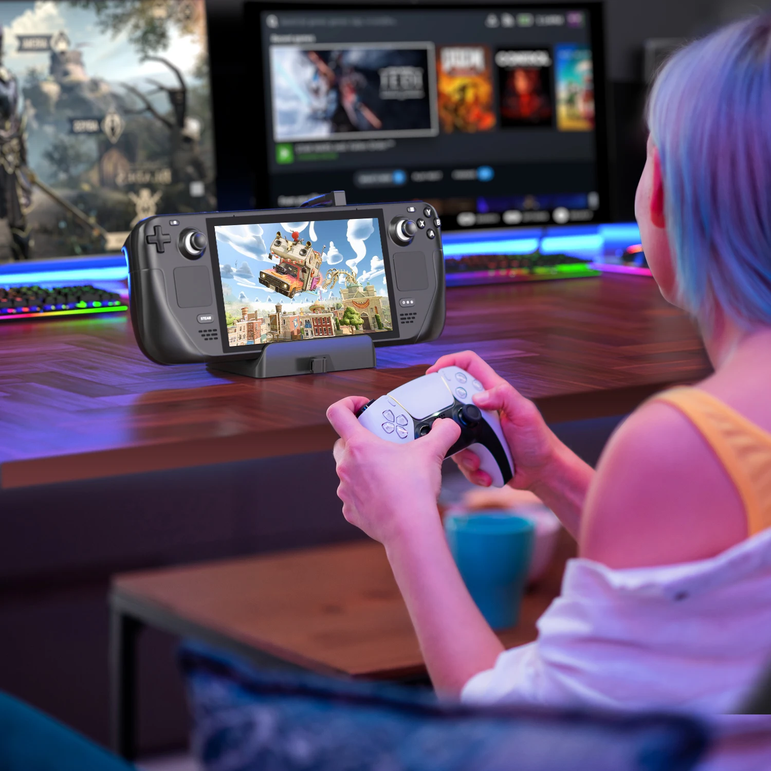 스팀 데크용 휴대용 스탠드 베이스, 스팀 데크용 디스플레이 스탠드, 핸드헬드 게임용 PC 플레이스탠드 스위치 거치대, 미끄럼 방지 패드 포함