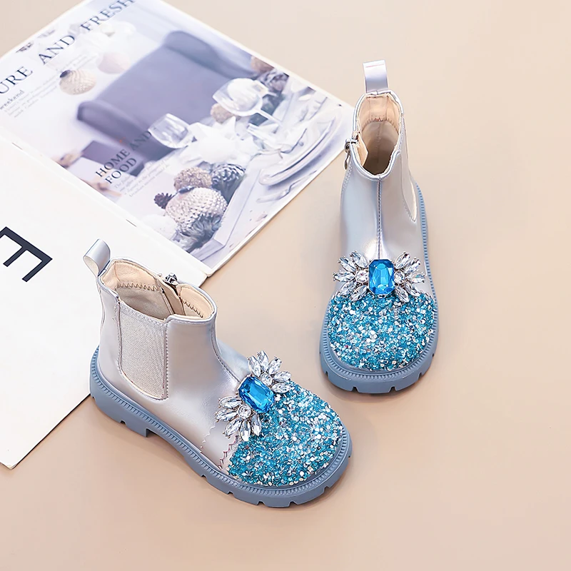 Girls Crystal Ankle Boots Winter Breathable Non Slip Boots