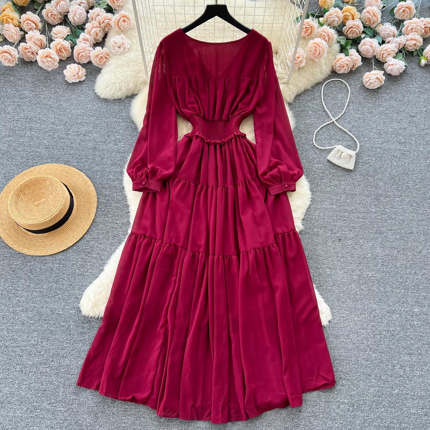 Vintage Chiffon Long Dress Women Elegant V-neck Long Sleeved Casual Dresses French Pleated Slim A-line Long Robe Vestidos