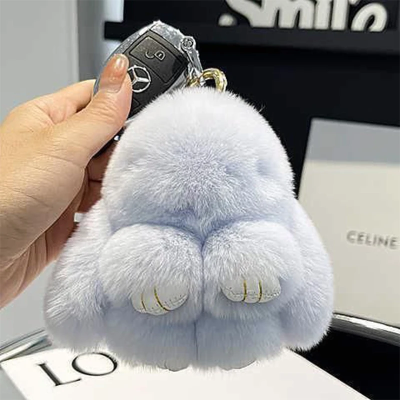 15Pcs Rex Rabbit Fur Pom Bunny Rabbit Keychain - Cute Fluffy Bag Purse Charm Key Fob