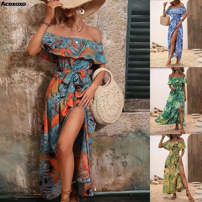 

2023 summer new women's fashion casual one line shoulder ruffle lace waist slit printed dress