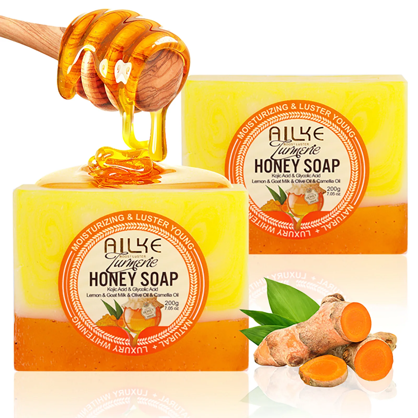 AILKE Natural Turmeric Honey Soap Cleanser, Lightening, Clean Skin, Remove Dark Spots, Stains, for Face and Body, 200g/7 oz 2