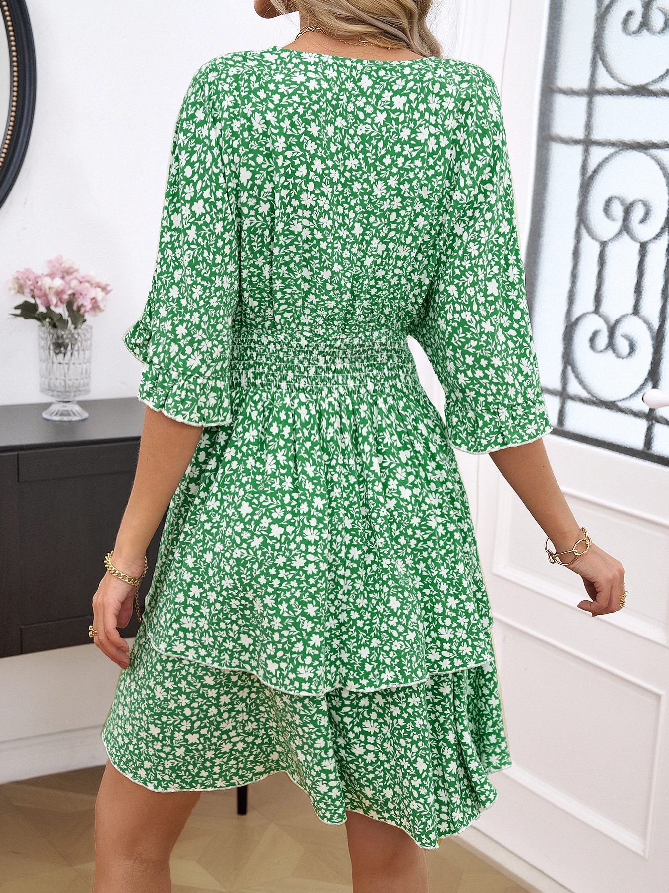 new Tennis sports Women Spring Summer Short Sleeve High Waist Chic Dress Fashion Floral Pleated A Line Long Dress