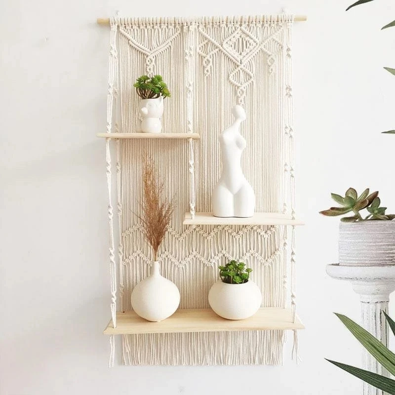 

Macrame Tapestry Shelves with 3 Tier wall Hanging Plant Shelf Boho Wall Decor Hand Woven Cotton Rope Room decoration tapestry