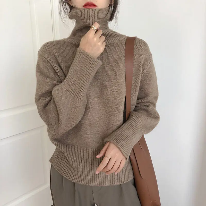 

Lazy Style Pullover High Neck Solid Sweater Women's Autumn Winter 2023 New Korean Version Vintage Loose Thickened Knit Top