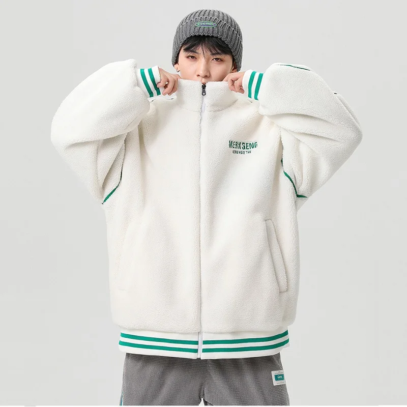 Winter Jackets Imitation Lamb Wool High Collar Thickened Warm Jacket Men Korean Fashion Contrast Color Loose Cotton Coat Parkas