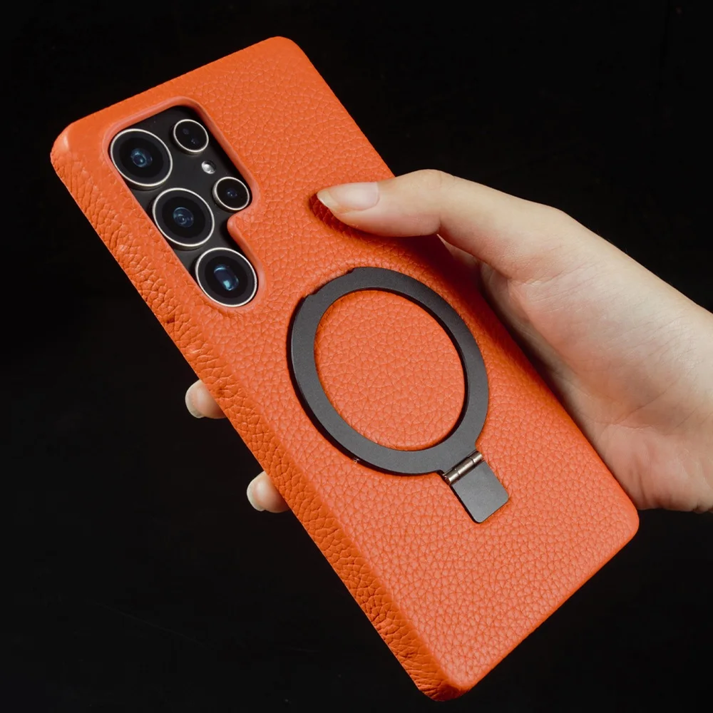 Genuine Leather Magnetic Ring Stand Phone Case with Back Cover