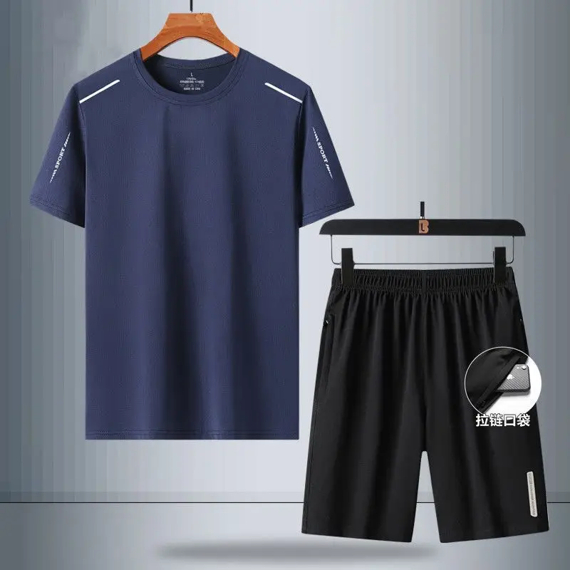 Summer Motion Men's Sets Round Neck Short Sleeve Breathable Quick Drying T-Shirts + Elastic Waist Pockets Ice Silk Fabric Shorts