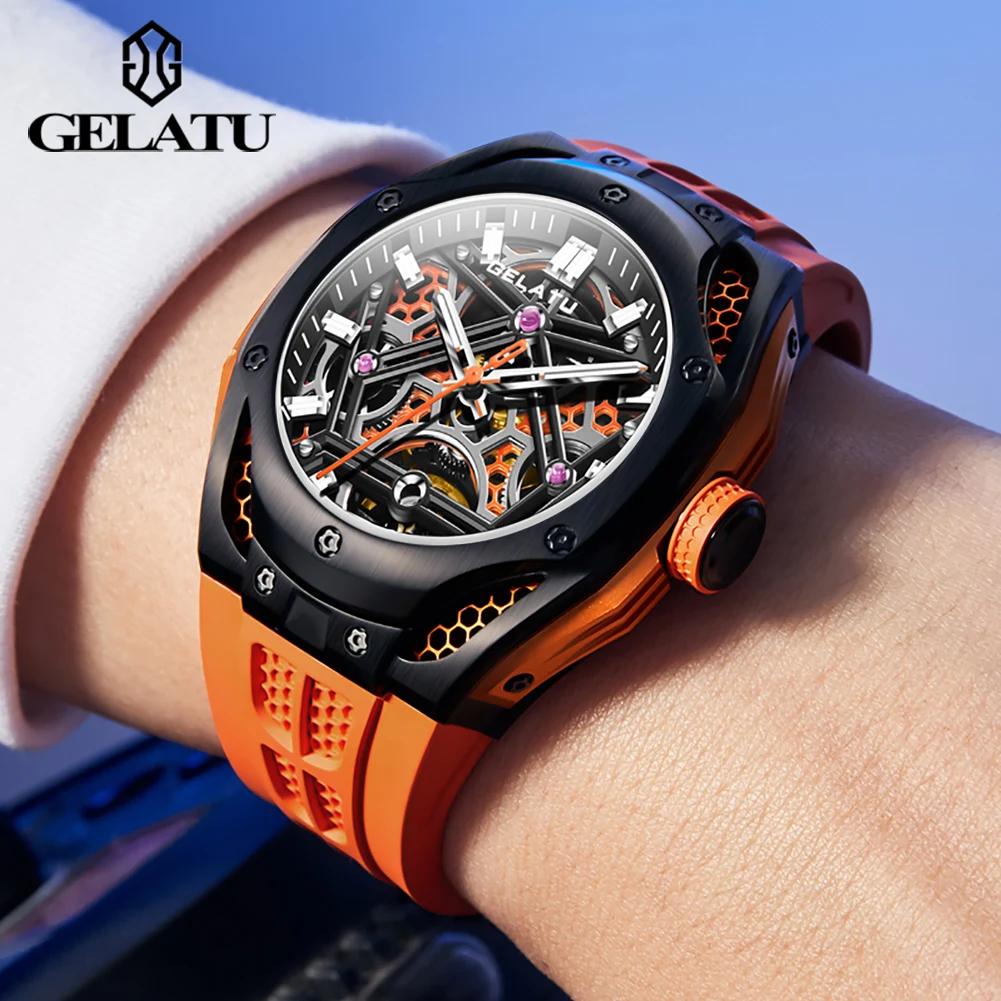 GELATU Original Automatic Watch For Men Skeleton 53MM Big Dial High Quality Waterproof Sport Watches Mechanical Wristwatches