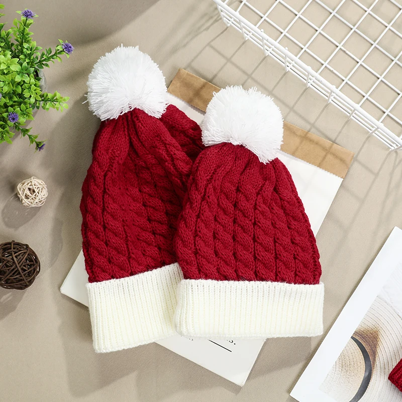 Christmas Knitted Hat Winter Warm Cute Fluffy Ball Santa Hat New Year Kids Gift Navidad Noel Beanie Decor Xmas Party Decor