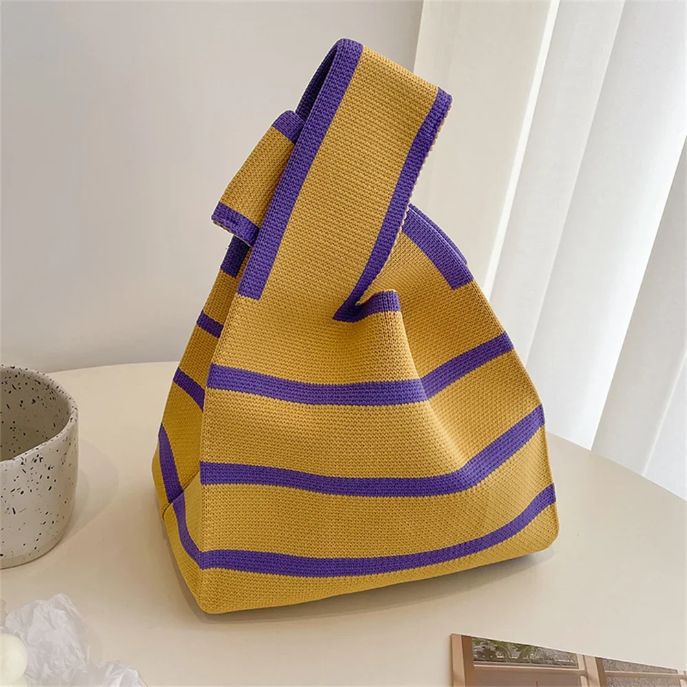 Women's Handmade Knitted Mini Tote - Casual Striped Wristlet and Shoulder Bag