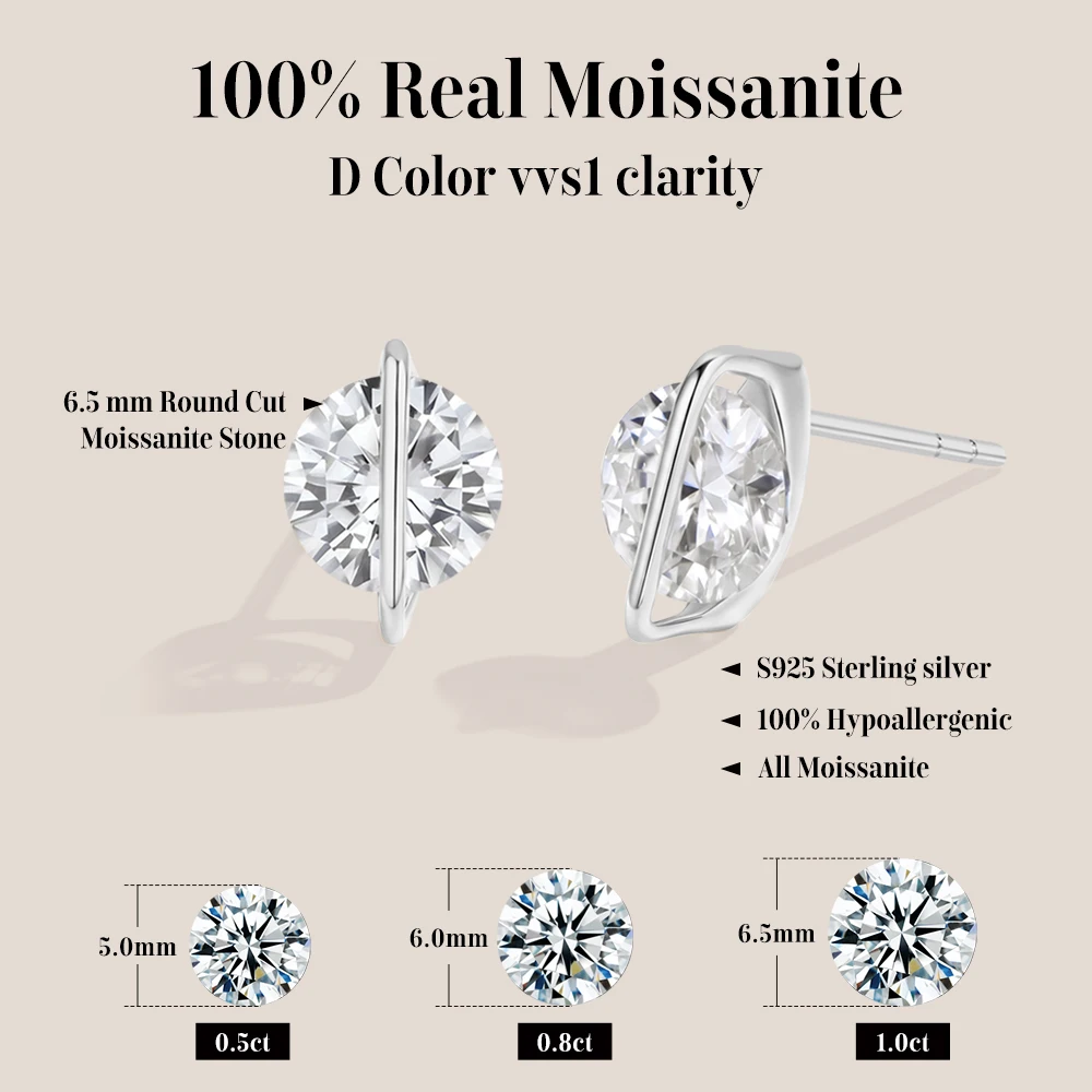 ATTAG 라운드 컷 1.0CT Moissanite 스터드 귀걸이 여성용 스피너 링 남성용 솔리드 s 우아한 웨딩 파티 쥬얼리 세트