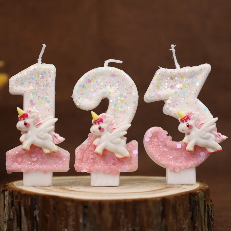 Happy Birthday Candle 0-9 Numbers Candle Pink Unicorn Birthday Candles for Cake Children's Party Cake Decorating