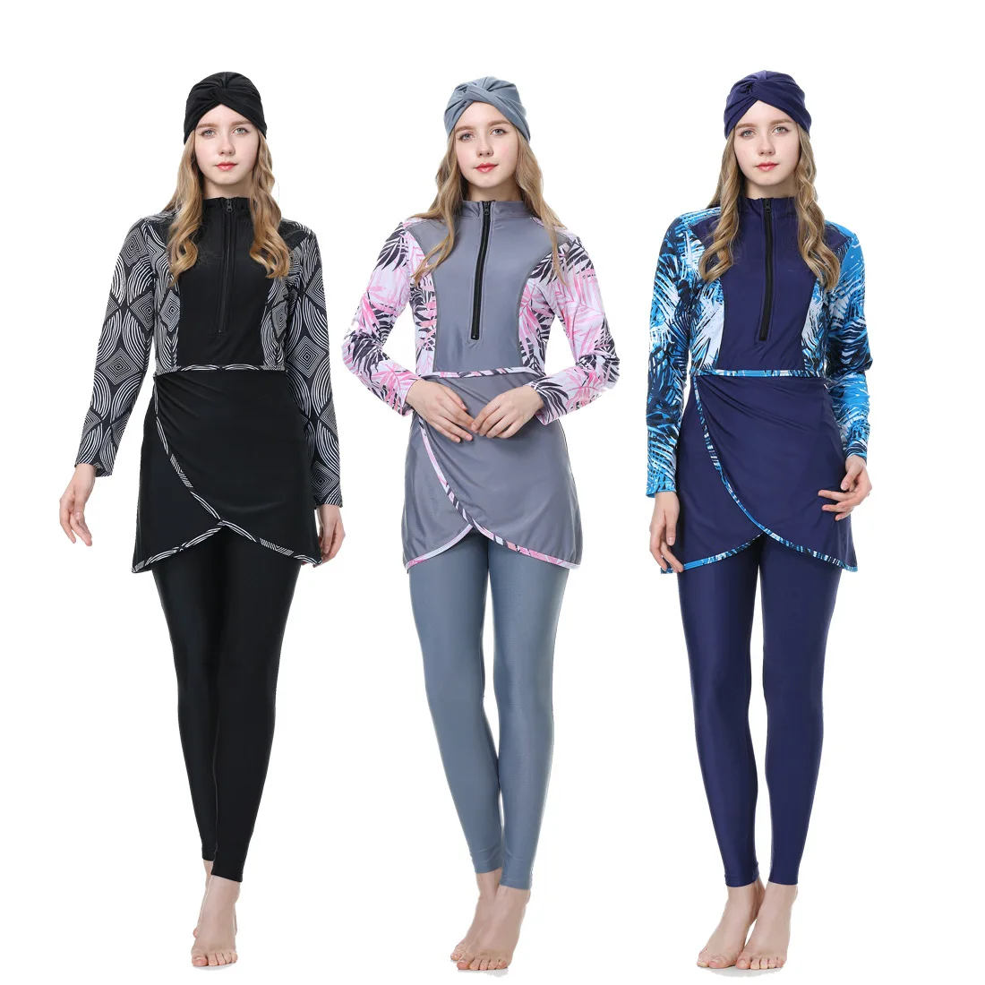 

3 Pieces/Set Swimwear Muslim Swimwear Printed Women's Long Sleeve Sports Swimwear Conservative Swimwear With Chest Pad Underwire