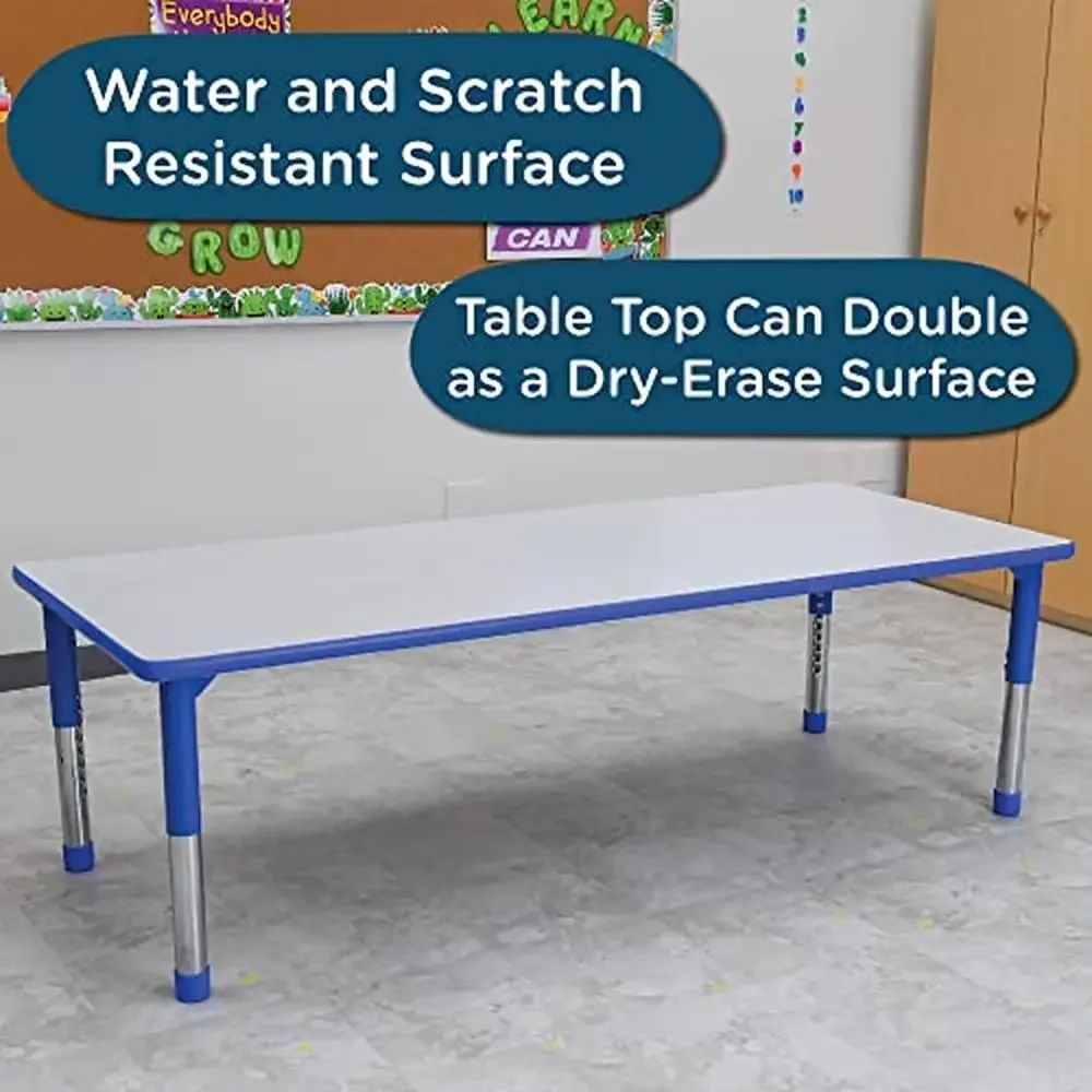 Adjustable Blue-Gray 30" x 72" Kids Table Sleek Chrome Legs Waterproof T-Molded Banding Dry-Erase Compatible Top AGES 2-12