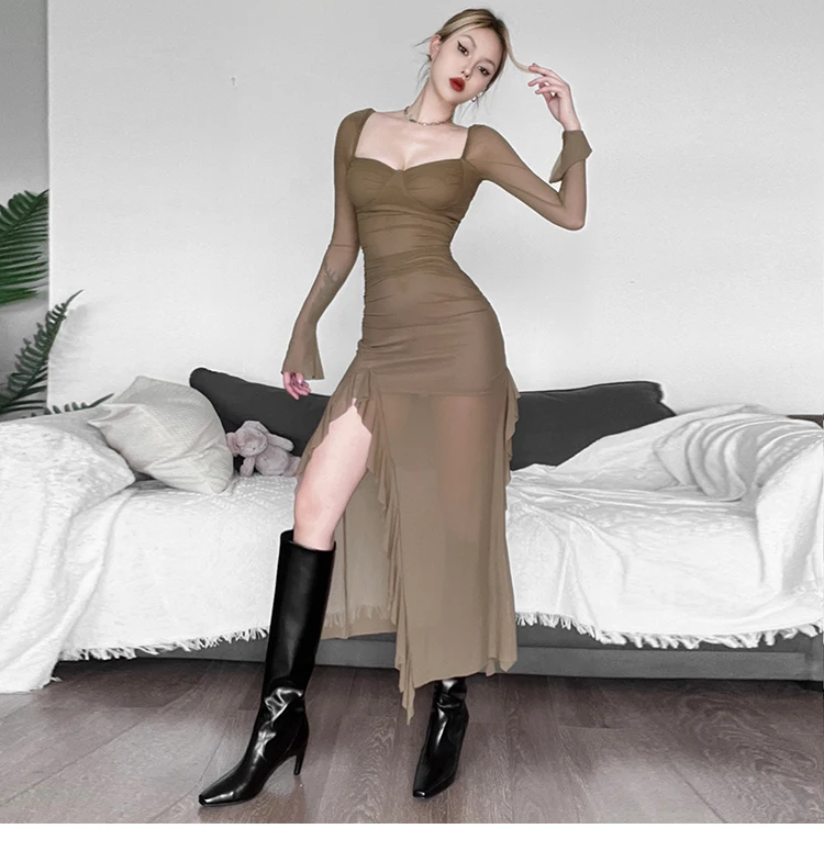 Sexy High Slit Bodycon Midi Dresses for Women Square Collar Long Sleeve Slim Evening Party Dress Club Prom Robe Y2K Vestidos New