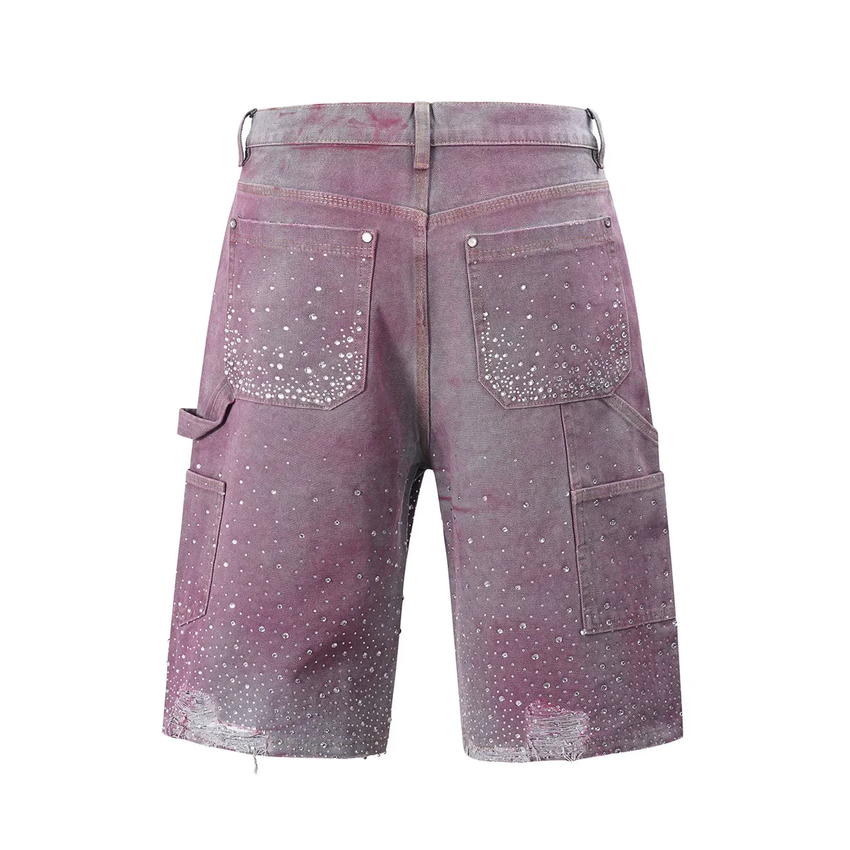 Streetwear Full Rhinestone Print Baggy Jeans Shorts for Men Ripped Hole Washed Short Casual Loose Denim Five Point Pants