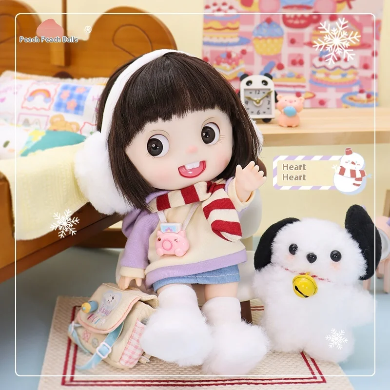 

2024 Kawaii Peach Ball Winter Ear Scarf With Cute Doll 22cm Vinyl Body Soft Glue Standing And Sitting Plush Doll Decoration Gift