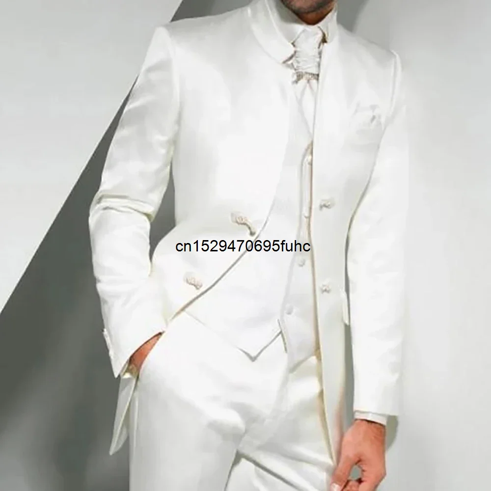 

New Tang Style White Stand Lapel Male Suits Tuxedo Tailcoat Dinner Party Prom Business Men's Blazer Luxurious Wedding Groom Suit