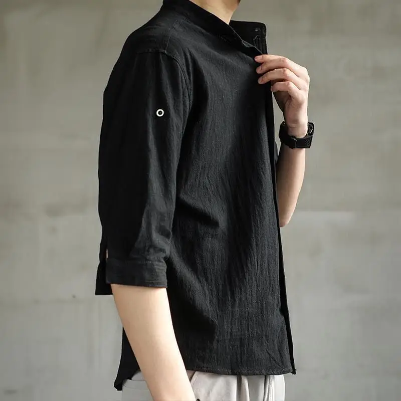 Elegant Fashion Harajuku Slim Fit Ropa Hombre Loose Casual All Match Shirt Stand Collar Solid Button Pockets Short Sleeve Blusa