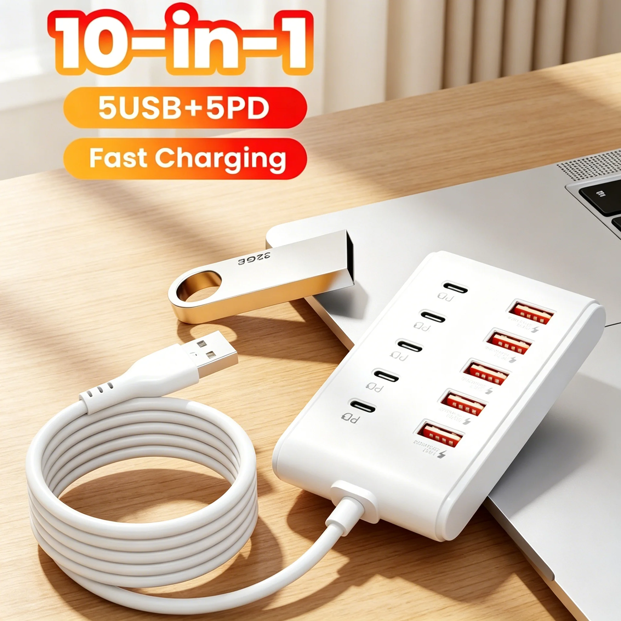 10 in 1 USB Charger PD Fast Charging Power Socket Multi-Ports Type C Desktop Quick Charge Adapter Fast Charge with 1m Cable Hub