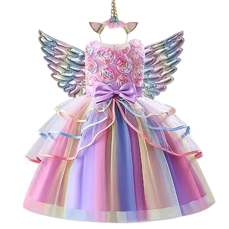 3pcs Baby Girls Dress Pastel Rainbow Princess For Summer Birthday Party Dress Unicorn Cosplay Perform Children Costume,girls dress,princess costume,kids clothes,children dance suit