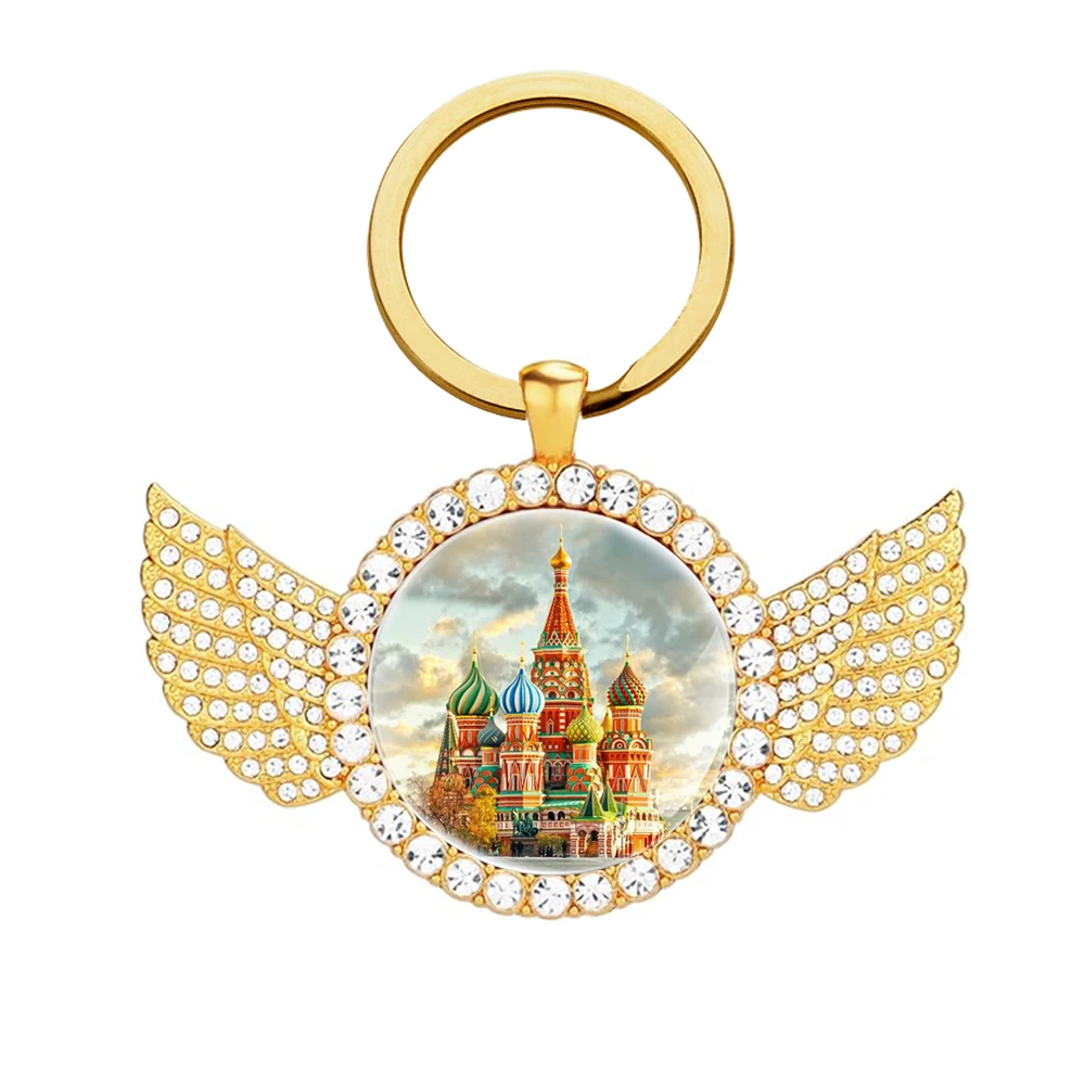 

High Quality Храм Василия Блаженного Glass Cabochon Metal Pendant Keychains With Wings Personality Men Women Key Ring Jewelry
