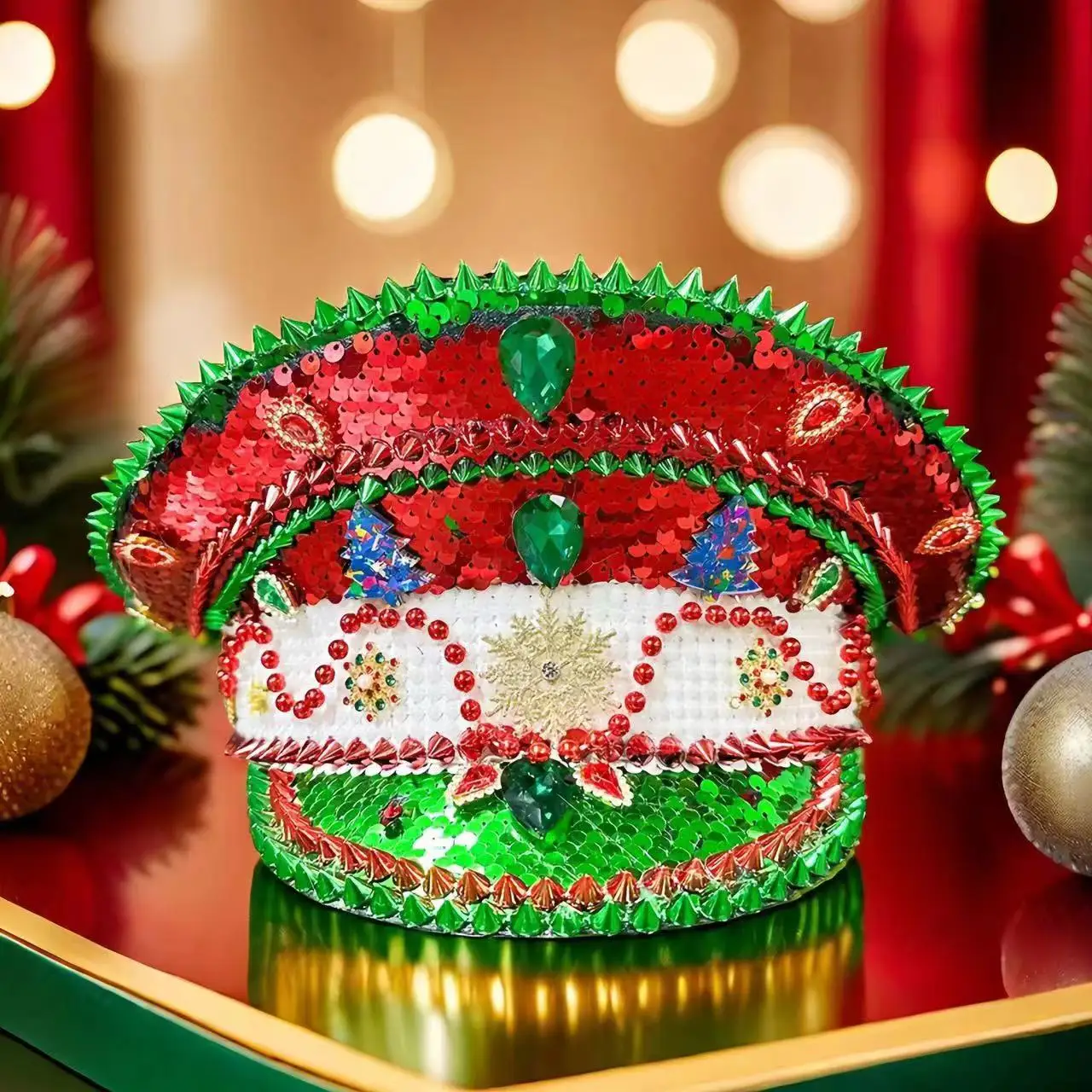 Nu Shuz Costumes Red Green Festival Sequin Christmas Cosplay Captain’s Hat Sequin Captain Hats for Festivals, Brides & Raves | Free  main image 4
