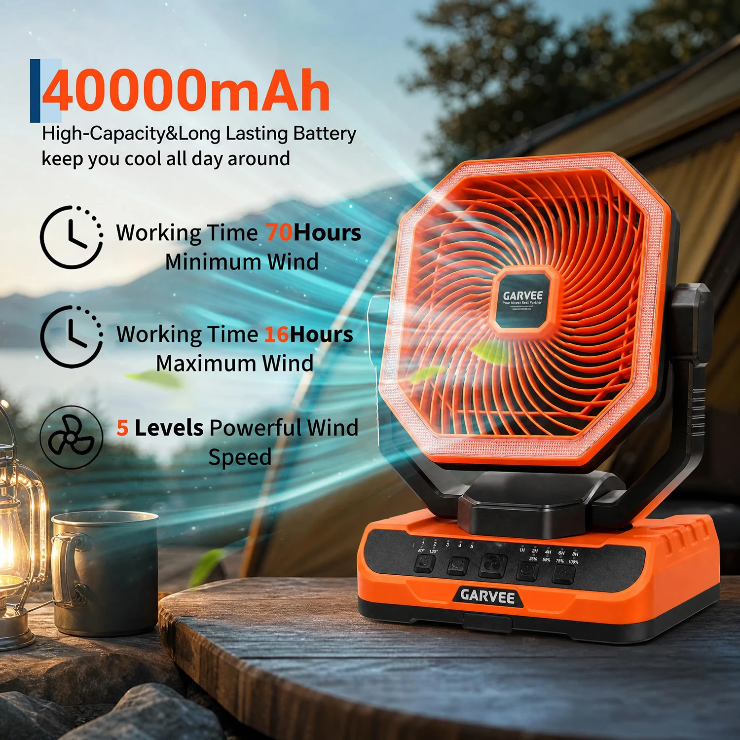 Portable Camping Fan 40000mAh Rechargeable Battery Powered Fan With Remote Timer LED Light 5 Speeds For Tent Travel Car Outdoor 2