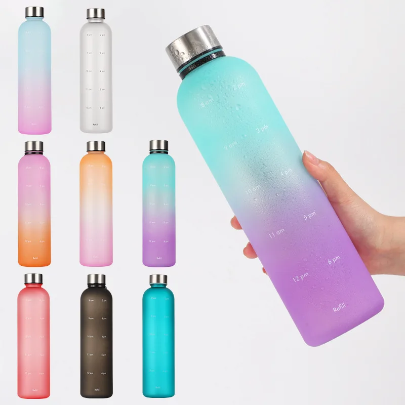 Botella de agua de plástico esmerilado a prueba de fugas, botella de agua de 1l con marcador de tiempo, 32OZ, motivacional, reutilizable, para deporte, Fitness, viaje al aire libre