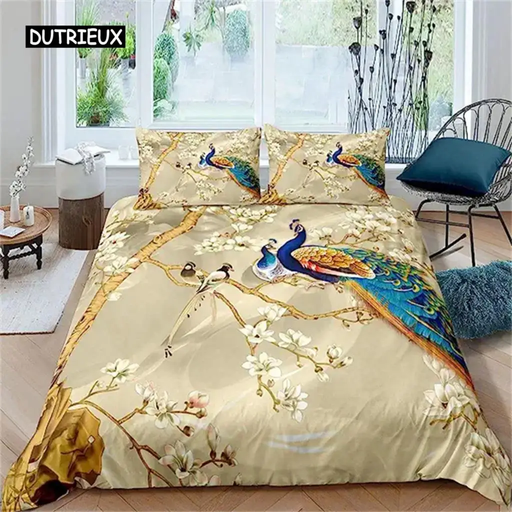 Luxury Golden Duvet Cover Peacock Comforter Cover Peacock With Floral Bedding Set For Adults Girls Animals Botanical Bedspread 1