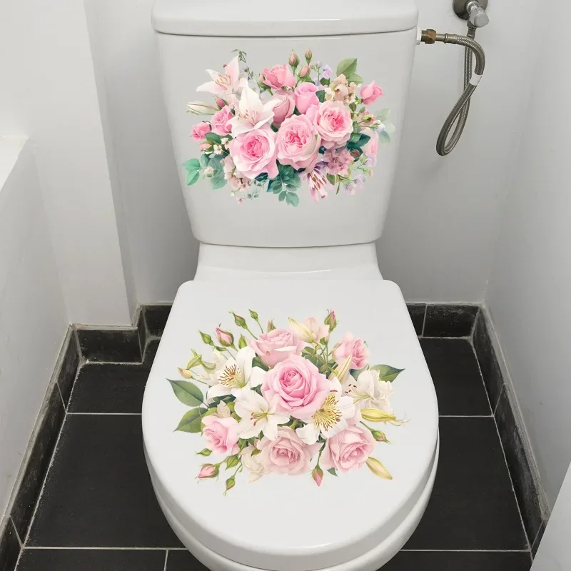 Natural Plants Pink Flower Leaf Toilet Stickers 2pcs for Home Bathroom Waterproof Self Adhesive Wall Background Stickers