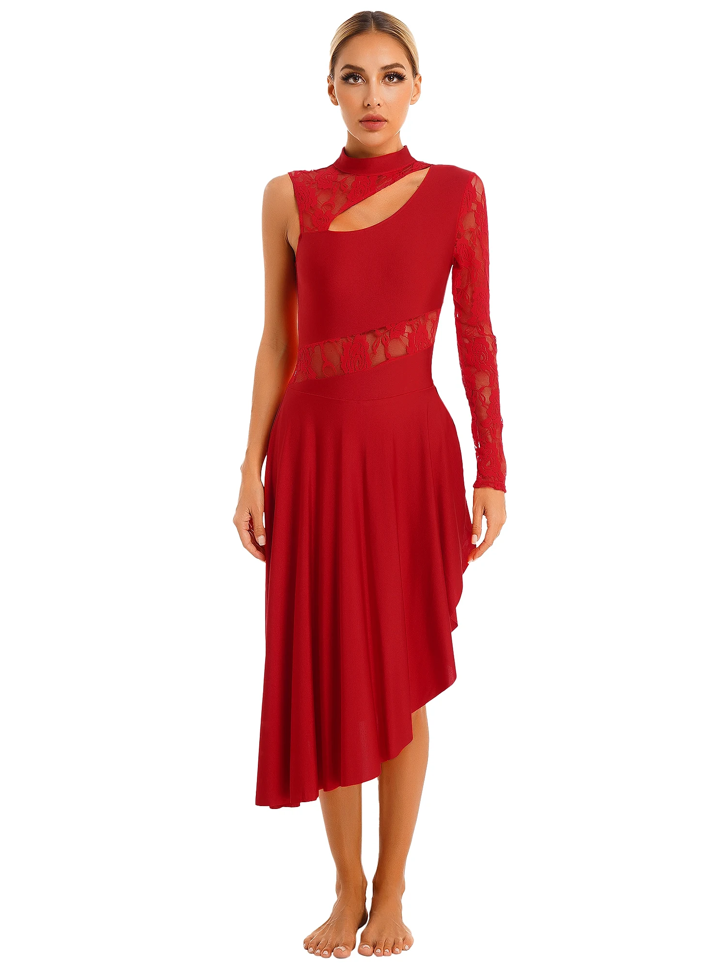 

Женский костюм для танца вальса, костюм для выступления, прозрачное кружевное лоскутное платье с вырезом, платье на одно плечо с длинным рукавом и разрезом сбоку