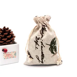 Elegant Linen Burlap Gift Bags with Drawstring - Set of 50, 10x14cm - 10x14cm (English leaves)