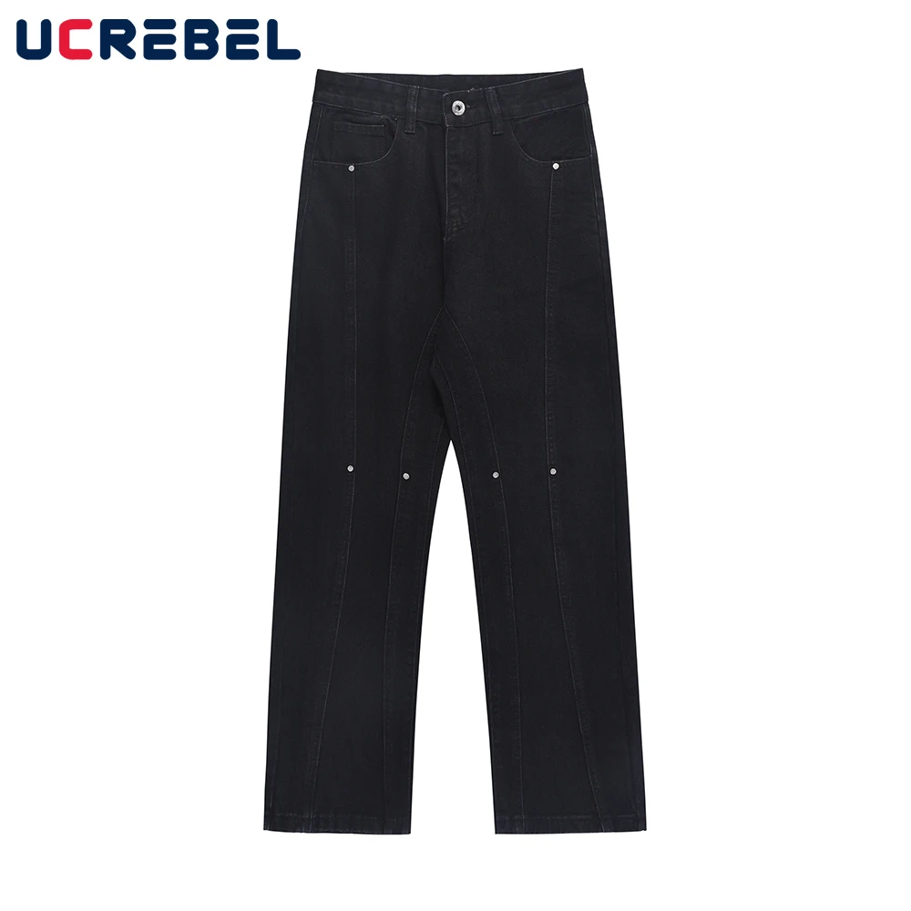 

Streetwear Spliced Denim Pants Mens High Street Rivets Solid Color Wide Leg Loose Straight-leg Jeans Men