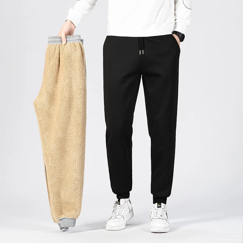 Men Autumn Winter Pants Thickened Fleece Outerwear Casual Warm Lamb Wool Sports Sweatpants