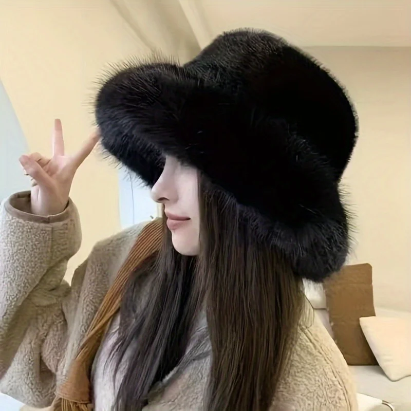 Women Bucket Hat Fashion Faux Fur Big Bucket Hat for Women Russian Cossack Fluffy Winter Wrap Hat Fuzzy Fluffy Bucket Oversized