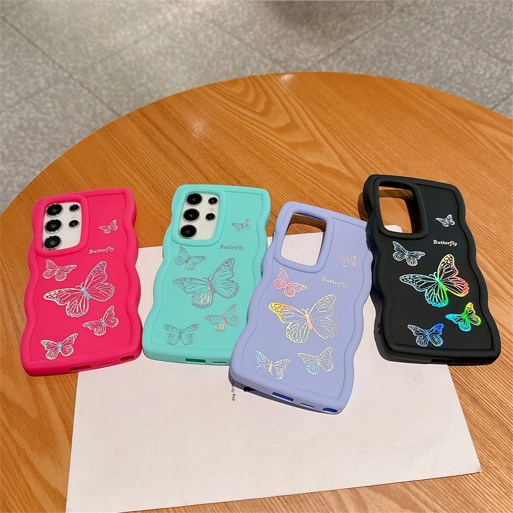 Glitter Laser Sommerfugl Bølget Silikon Telefondeksel til Samsung S24 S23 FE S22 Ultra S21 A55 A54 A53 A52 A35 A34 A15 A14 A12 Deksel_voghion.com